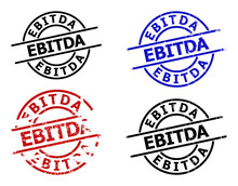 EBITDA Seal Versions. EBITDA Title Is Between Parallel Lines Inside Circle Frame. Rough EBITDA Seal Stamp Versions In Red, Black, Blue Colors, With Grunge Texture.