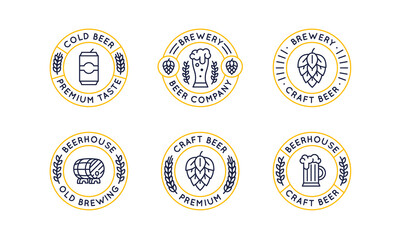 Set of 6 beer labels and logos. Vintage circle craft beer icons with pint glass, beer can, hop and barrel isolated on white background. Vector illustration 