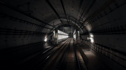 Wall Mural - Moving underground carriage arriving to automatic metro station. Riding subway train in Barcelona city to airport L9 Sud. Footage of modern public mode of transport