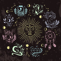mystic and astrology, witch magic occult symbols around sun. esoteric doodle boho elements, magic wi