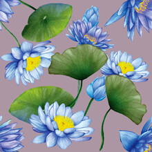 Elegant Blue Lotus Flower Seamless Pattern