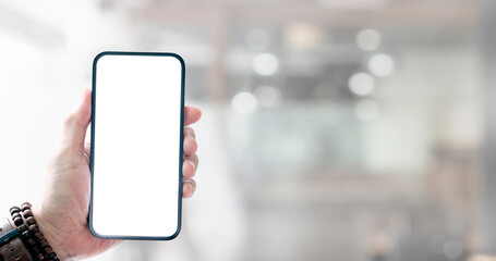 Wall Mural - cropped shot of businessman holding blank screen smartphone
