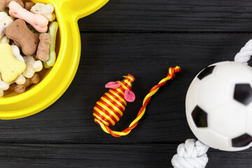 Wall Mural - Different accessories for dogs and cats: mouse toy, ball, comb, leash, collar, toys and bowl with bones on black wooden background. Pets care and routine concept. close up, top view