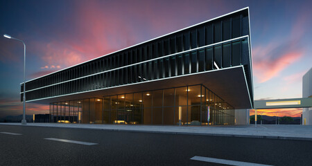 Poster - 3d rendering roadside street view with office buildings background