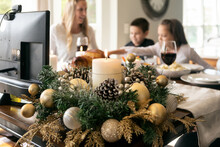 Christmas: Focus On Holiday Centerpiece On Table