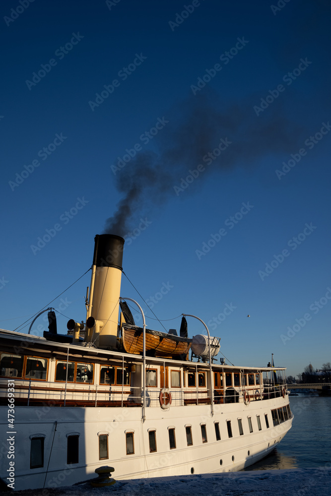 Air pollution in Stockholm. Chimney of boat with black smoke coming out ...