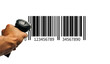 Bar code. Retail label barcode scan. Reader laser scanner for warehouse holding hand. Product code data concept.