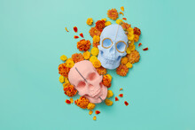 Skulls With Blooming Flowers And Beads