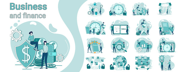 Business and finance.A set of illustrations in business style.A collection of images on the topic of business relations.Flat vector illustration.