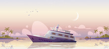 Sunken Cruise Ship In Sea Harbor In Morning. Vector Cartoon Illustration Of Tropical Summer Landscape With Old Passenger Liner Sinking In Ocean After Shipwreck, Palm Trees On Beach And Moon In Sky
