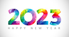2023 A Happy New Year Congrats. Stained Glass Art Logotype Concept. White Backdrop. Abstract Isolated Graphic Design Template. Decorative Numbers 2, 0, 3. Coloured Digits. Creative Colorful Decoration