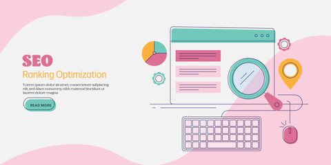 Line art concept of search engine optimization, SEO ranking development on search page. Modern digital business marketing strategy, internet technology, web banner template.