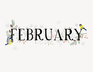 february with decorations,branches and birds. vector illustration