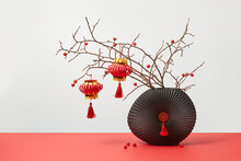 Chinese Red Lanterns And Black Vase