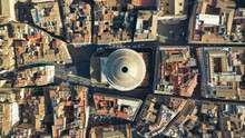 Aerial Drone Photo Of Iconic Temple Of Pantheon Built In 118 To 125 A.D. With A Dome And Renaissance Tombs, Including Raphael's, Rome Historic Centre, Italy