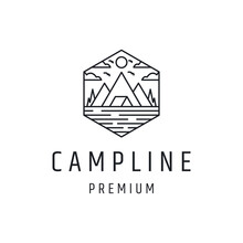 Camp Line Logo Design With Line Art On White Backround