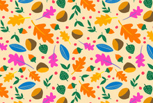 Colorful Autumn Illustration Pattern With Leaves And Fruits