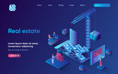 Poster - Real estate concept isometric landing page. Construction company building new houses for selling, sale of apartments, 3d web banner template. Vector illustration with people scene in flat design