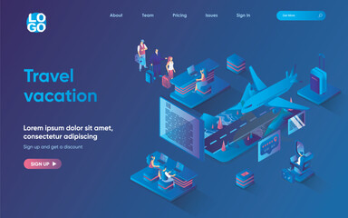Aufkleber - Travel vacation concept isometric landing page. Travelers with luggage go control at airport and fly by plane on journey, 3d web banner template. Vector illustration with people scene in flat design