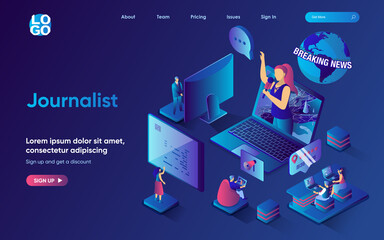Poster - Journalist concept isometric landing page. Team creates news program in studio, writes articles for online newspapers, 3d web banner template. Vector illustration with people scene in flat design
