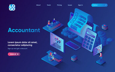 Wall Mural - Accountant concept isometric landing page. Team maintains financial acconting and budget planning, profit calculation, 3d web banner template. Vector illustration with people scene in flat design