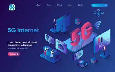  5g internet concept isometric landing page. Users use new high speed wifi signal hotspot, global network technology, 3d web banner template. Vector illustration with people scene in flat design