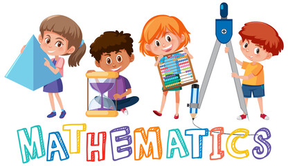 Wall Mural - kids with math tools and doodle math symbol