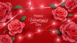 Valentines Day Background with realistic rose elements, green leaf and heart shaped light bulb. 3d style vector illustration.