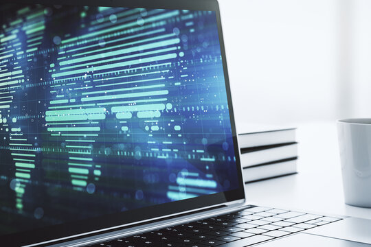 Abstract digital world map on modern computer monitor, big data and blockchain concept. 3D Rendering