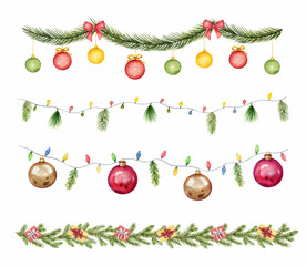 Wall Mural - watercolor vector christmas set colorful garland with balls, lights and fir branches.