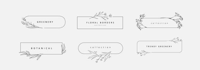Wall Mural - floral branch and minimalist flowers for logo or tattoo. hand drawn line wedding herb, elegant leave