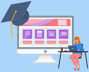 Poster - Online training courses. E-learning concept. Best method of self education, girl studies with laptop. Various online training courses for students. Distance education, online learning and graduation