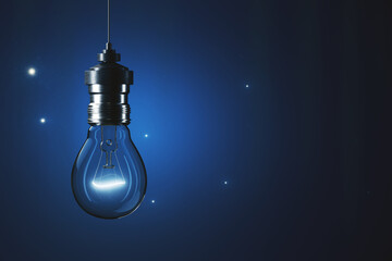 Wall Mural - Glowing light bulb on blue background with mock up place. Idea, innovation and success concept. 3D Rendering.