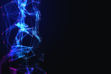 Poster - Creative digital polygonal wave on dark backdrop with mock up place. Technology and design concept. 3D Rendering.