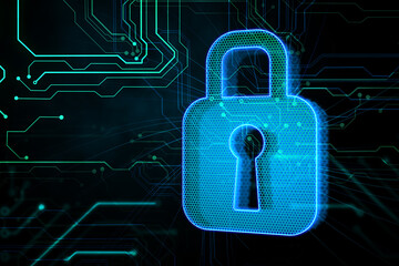 Aufkleber - Creative glowing blue padlock hologram on dark circuit background. Hardware and web safety concept. 3D Rendering.