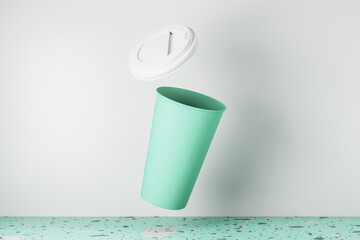 Poster - Blank blue take away coffee cup on white background and marble surface. Advertisement and mock up concept. 3D Rendering.