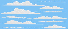 Cartoon White Clouds Set On Blue Sky Background. Collection Of Smoke Patterns And Fog Icons. Clouds With Different Sizes And Forms. Cloudscape In Air. Natural Weather Atmosphere Elements In Flat Style