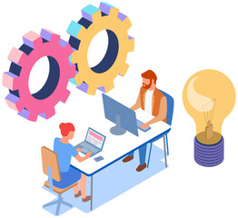 Poster - Project planning, deadline and time management concept. Business team has meetings and discusses new office timetable. People analyze plan, schedule. Work schedule planning vector illustration