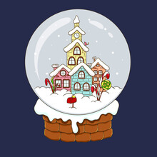 A Snow Globe With Dutch Houses, Christmas Lollipops And A Mailbox. Snow Drifts, Snowflakes. A Glass Christmas Ball On A Stand. Snow-covered Gingerbread Houses. Vector