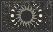 Mystical banner with a lunar eclipse on a black background. Sun with rays and phases of the moon, boho background for astrology, tarot. Heavenly vector illustration.