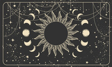 Mystical Banner With A Lunar Eclipse On A Black Background. Sun With Rays And Phases Of The Moon, Boho Background For Astrology, Tarot. Heavenly Vector Illustration.