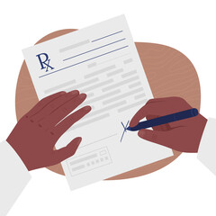 Poster - Signing contract with pen flat color vector illustration. Putting signature on license sheet. Writing on official legal documents 2D cartoon first view hand with abstract background