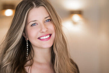 Jewellery model and beauty face closeup. Happy smiling blonde woman with long hairstyle wearing luxury earrings, romantic makeup look and perfect white teeth smile.