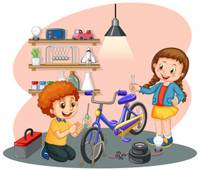 Canvas Print - Children fixing a bicycle together