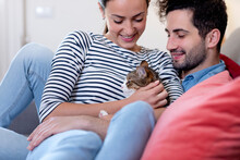 Smiling Couple With Tabby Cat In Living Room At Home