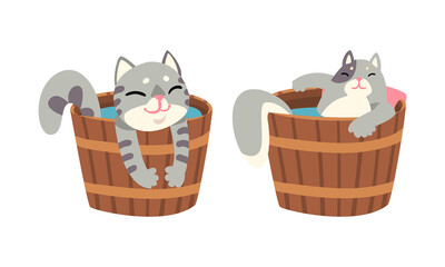 Sticker - Cute Cat Character Taking Hot Bath in Wooden Plunge Tub Vector Set