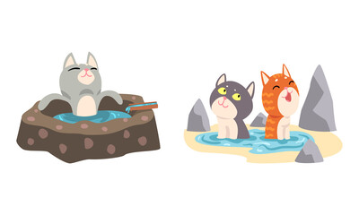 Sticker - Cute Cat Character Taking Japanese Hot Spring Bath Vector Set