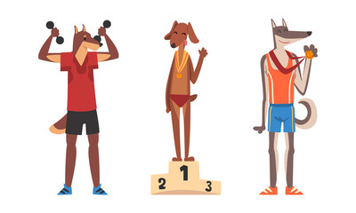 Wall Mural - Dog Athlete in Sportswear Lifting Dumbbell and Standing on Pedestal with Medal Vector Set