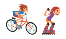 Boy And Girl Riding Bike And Roller Skates Vector Set