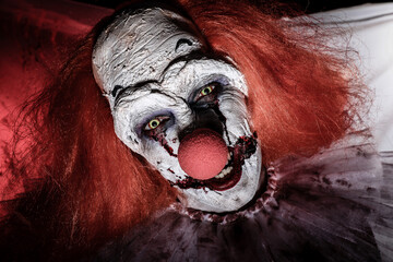 Wall Mural - Portrait of terrifying clown, closeup. Halloween party costume